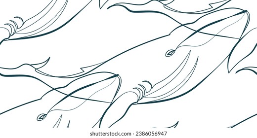 whale nature wildlife artistic seamless ink vector one line pattern hand drawn 