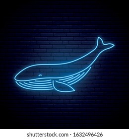 Whale neon sign. Bright blue whale vector illustration. World Whale Day.