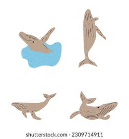 Whale, ocean aniaml. Sealife in Scandinavian style on a white background. Great for poster, card, apparel print. Vector illustration