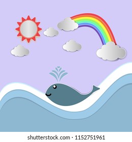 Whale ocean look at the sky, Rainbow, The sun, Clouds, Vecter illustration