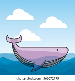 whale in the ocean over sky background. colorful design. vector illustration