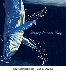 A whale in the ocean. Postcard. Vector drawing. World Whale Day. Oceans Day