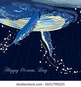 Baleia no oceano. Cartão-postal. Dia Mundial da Baleia. Dia do Oceano. Dia Mundial da Baleia e dos Golfinhos