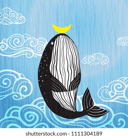 Whale Ocean Sky and Moon Poster Hand Drawn. Cute Whale moon and ocean print design. Vector illustration.
