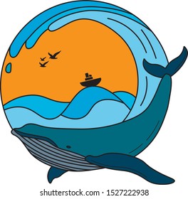 Whale in ocean vector illustration. Creative whale logo icon design. Whale in sea color vector.