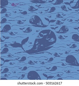 Whale, ocean vector seamless texture pattern. Seamless pattern can be used for wallpaper, pattern fills, web page background, surface textures.
