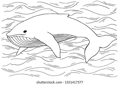 Whale and ocean waves coloring book page. Anti stress drawing therapy for adults and children. Meditative coloring. One of a series of painted pictures.