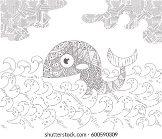 Whale in the ocean. Waves. Silhouette. Black illustration on white background.  Zentangle style. Coloring book for adult, antistress coloring pages. Hand drawn vector isolated. Sketch.