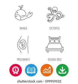 Whale, octopus and double bed  icons. Pregnancy linear sign. Award medal, growth chart and opened book web icons. Download arrow. Vector
