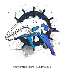 whale on the background of the helm. vector illustration