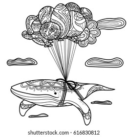 Whale on balls, black and white. Coloring pages, vector