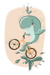 A Whale On A Bicycle. Children's Illustration. Postcard, Poster For Children's Room.