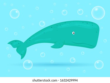 Whale on blue background with bubbles. Ocean fish. Underwater marine wild life. Vector illustration.