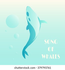 Whale on a blue background with bubbles. Song of whale. Vector illustration, eps 10