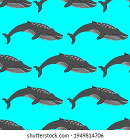 Whale on a blue background, texture for design, seamless pattern, vector illustration