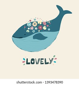 Whale on hand drawn floral background. Lovely handwritten lettering. Wild rainforest animal vector poster. Flowers and leaves composition. Cute cartoon whale with flowers- Vector
