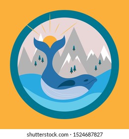 Whale on the waves icon in flat style. Social warning. Planet global warming. Warm destroys. High temperature devastates. Ecological catastrophe. Sustainable development goals.