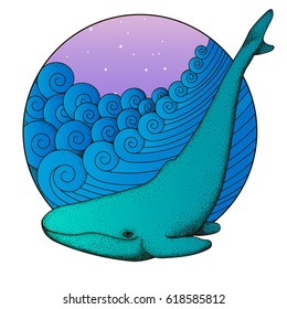 Whale on the Waves. Marine illustration. Hand drawn sea waves round frame. Vector  Illustration
