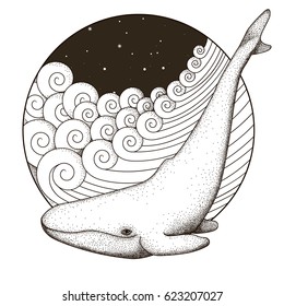 Whale on the Waves. Marine illustration. Hand drawn sea waves round frame. Vector  Illustration
