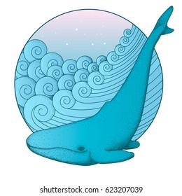 Whale on the Waves. Marine illustration. Hand drawn sea waves round frame. Vector  Illustration
