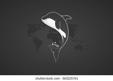 Whale Orca. Concept vector hand drawn illustration, logo. Design of simple icon with text. Sketch art. Flat design 