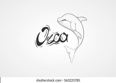 Whale Orca. Concept vector hand drawn illustration, logo. Design of simple icon with text. Sketch art. Flat design. Lettering