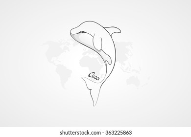 Whale Orca. Concept vector hand drawn illustration, logo. Design of simple icon with text. Sketch art. Flat design