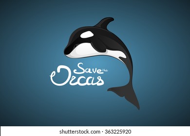 Whale Orca. Concept vector hand drawn illustration, logo. Design of simple icon with text. Sketch art. Flat design. Lettering