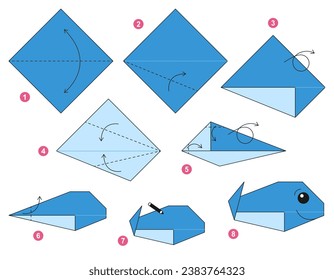 Whale origami scheme tutorial moving model. Origami for kids. Step by step how to make a cute origami marine animal. Vector illustration.