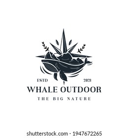 Whale Outdoor Logo Design Inspiration - Isolated vector Illustration on white background - Creative logo, icon, symbol, sticker, emblem, badge - Whale, compass, mountain and leaves Combination