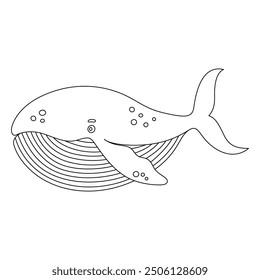 Whale outline. Black and white drawing in cartoon style. Line coloring book. Kids vector illustration