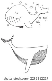 Whale outline illustration vector image. 
Hand drawn whale image artwork. 
Simple cute original logo of a monochrome whale.
Hand drawn vector illustration for posters, cards, t-shirts.