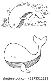 Whale outline illustration vector image. 
Hand drawn whale image artwork. 
Simple cute original logo of a monochrome whale.
Hand drawn vector illustration for posters, cards, t-shirts.