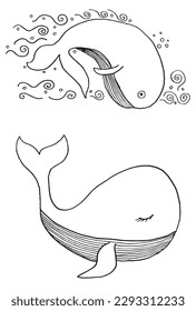 Whale outline illustration vector image. 
Hand drawn whale image artwork. 
Simple cute original logo of a monochrome whale.
Hand drawn vector illustration for posters, cards, t-shirts.