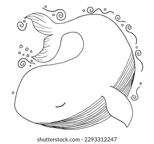 Whale outline illustration vector image. 
Hand drawn whale image artwork. 
Simple cute original logo of a monochrome whale.
Hand drawn vector illustration for posters, cards, t-shirts.