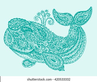 Whale in paisley doodle mehndi style. Hand drawn illustration with whale. Animal in the sea and ocean for kids. Cute animals.