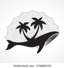 whale with palm trees and mandala in behind