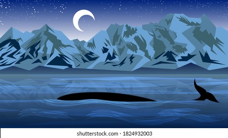 a whale partially appeared from the water of the north sea against the background of mountains, a sky with stars and the moon. northern night landscape. vector image