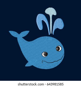 Whale patch embroidery, vector illustration of sea animal, cute character of underwater life, decorative pattern element for baby, children clothes, things design