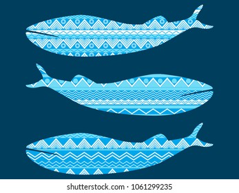 Whale with pattern ethnic style. Tribal textiles, hippie style. Vector illustration