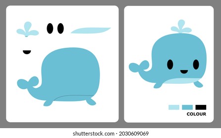 Whale pattern for kids crafts or paper crafts. Vector illustration of whale puzzle. cut and glue patterns for children's crafts.