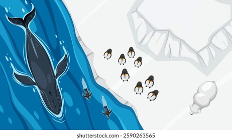 Whale and penguins coexist in icy landscape