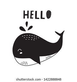 Whale with phrase Hello cute black and white card in nordic style. Hand drawn vector illustration.