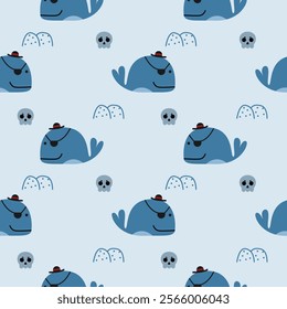 Whale pirate cartoon so cute. On skull mountain light blue background. Pattern seamless vector illustration. 