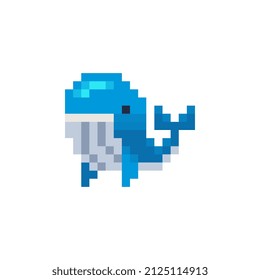 Whale pixel art icon grampus isolated vector illustration. Game assets 8-bit sprite. Design stickers, logo, mobile app, embroidery.