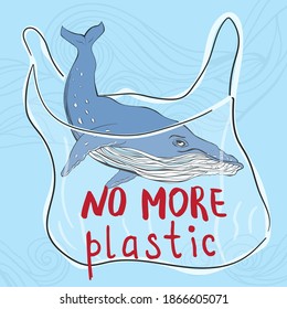 Whale and plastic bag. Planet pollution concept. Eco, ecology banner poster. No More Plastic