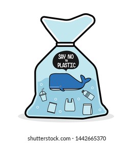 Whale in a plastic bag say no to plastic.
Pollution problem concept .