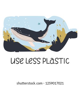 Whale in a plastic bottle. Shows a plastic contamination problem. Vector illustration. Eps 10.