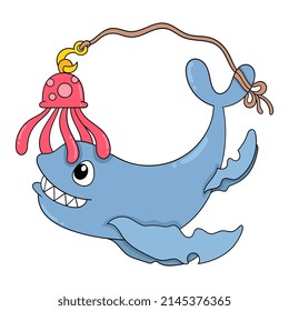 ballena jugando con medusas en el mar, ilustración vectorial art. doodle imagen kawaii.