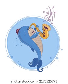 The whale plays jazz music on the saxophone. Cute character. Vector illustration.